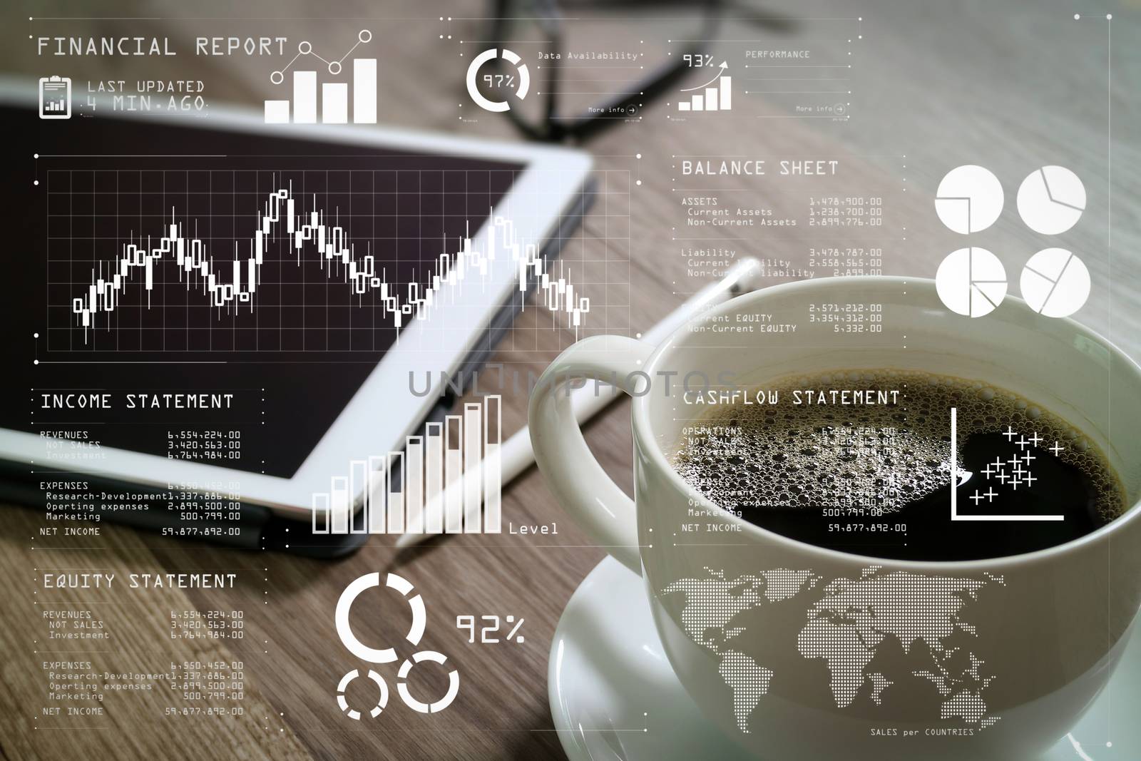 Financial report data of business operations (balance sheet and income statement and diagram) as Fintech concept.Coffee cup and Digital table dock smart keyboard,eyeglasses,stylus pen.
