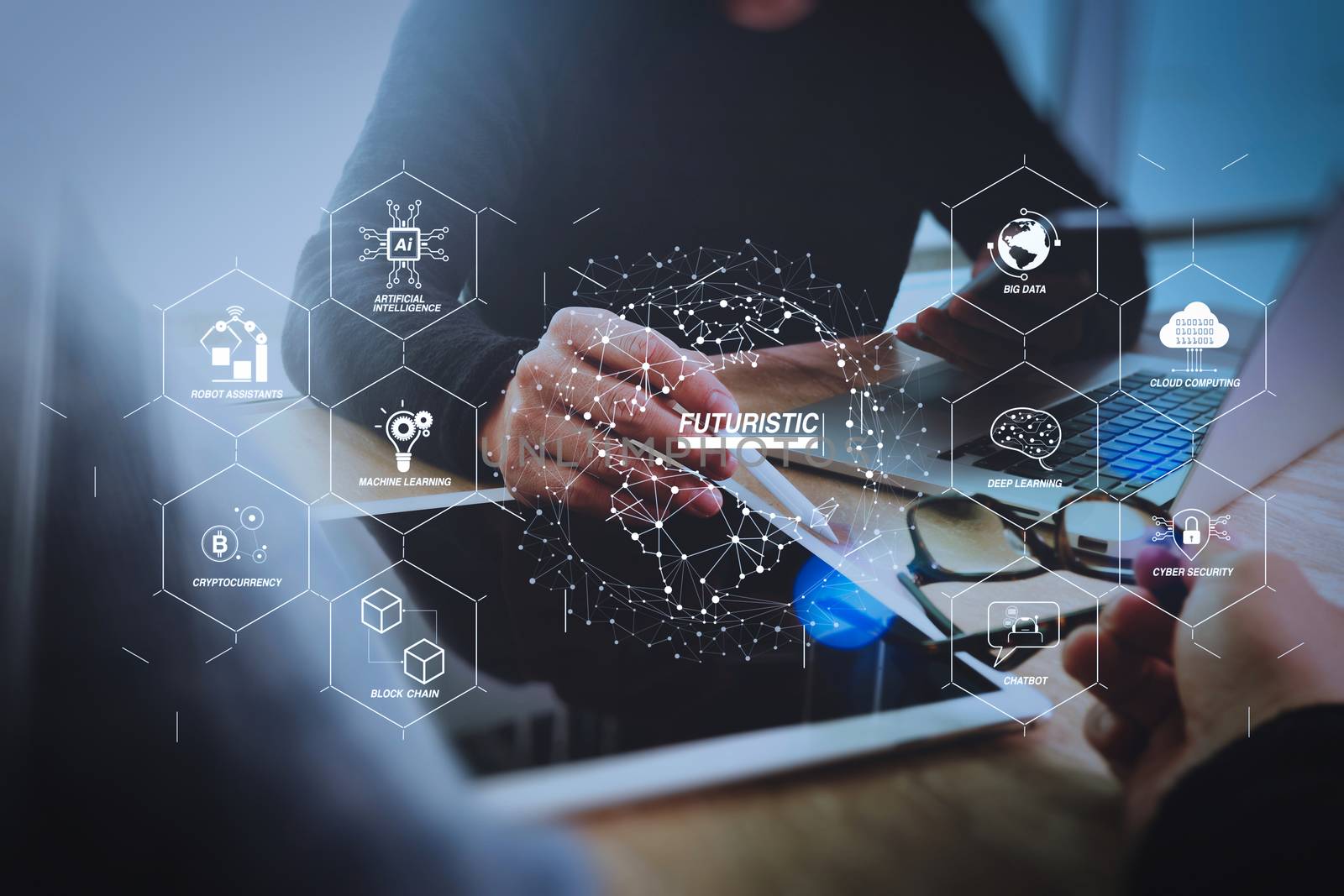 Futuristic in Industry 4.0 and business virtual diagram with Ai, robot assistant, Cloud, big data and automation. two colleague web designer discussing data and digital tablet and computer laptop with smart phone.