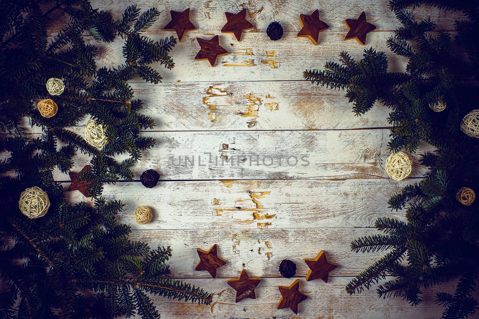 Christmas composition. Frame made of fir tree branches with deco by BarisevRoman