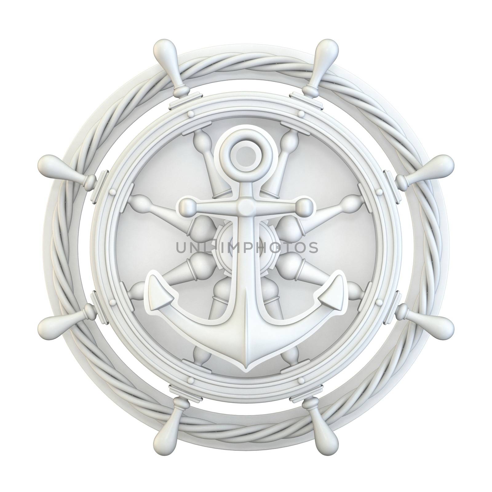 White anchor, ship wheel and rope 3D by djmilic