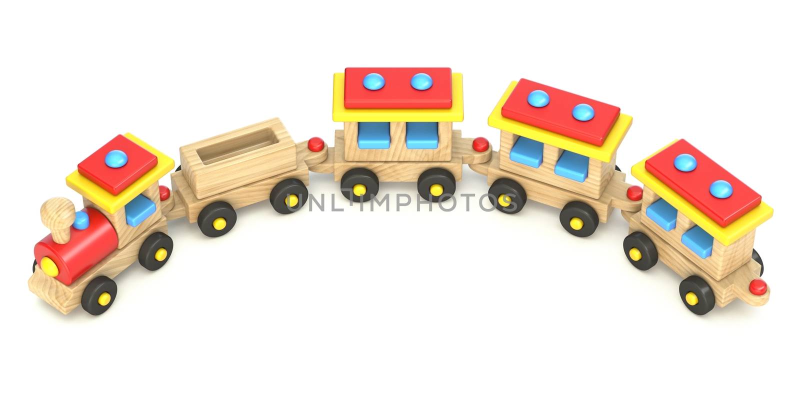 Wooden train 3D render illustration isolated on white background