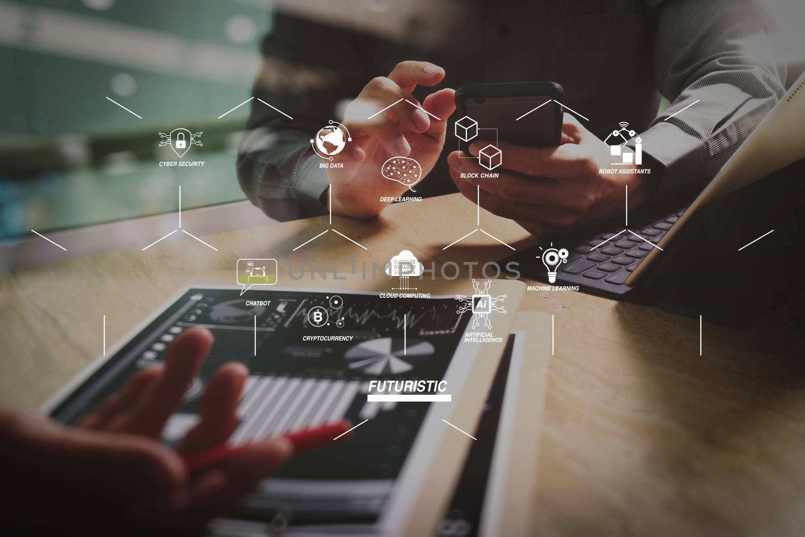 Futuristic in Industry 4.0 and business virtual diagram with Ai, robot assistant, Cloud, big data and automation. Business team meeting present. professional investor working new startup project. 