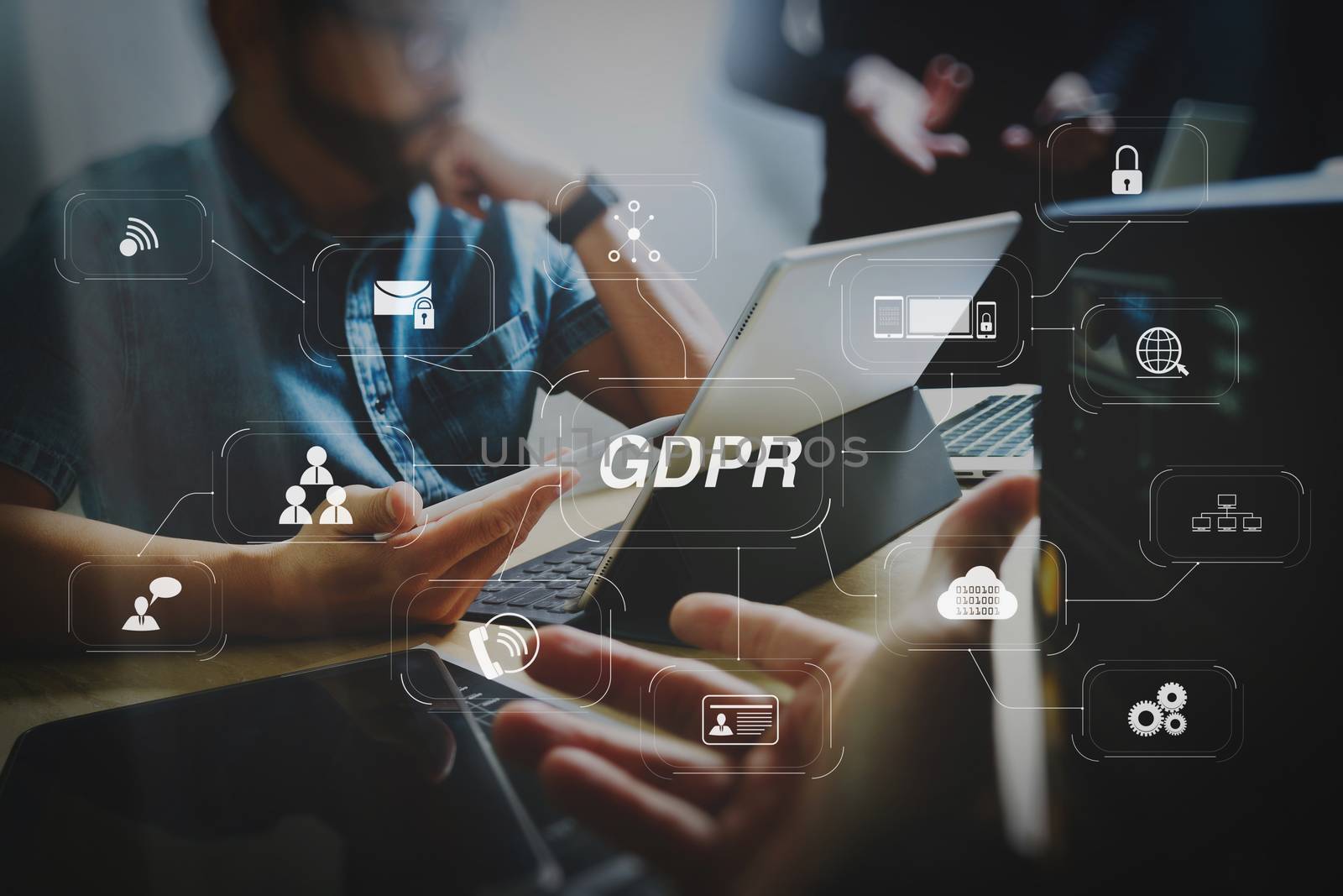 GDPR. Data Protection Regulation with Cyber security and privacy virtual diagram.StartUp Programming Team. Website designer working digital tablet dock keyboard and computer laptop with smart phone and compact server.