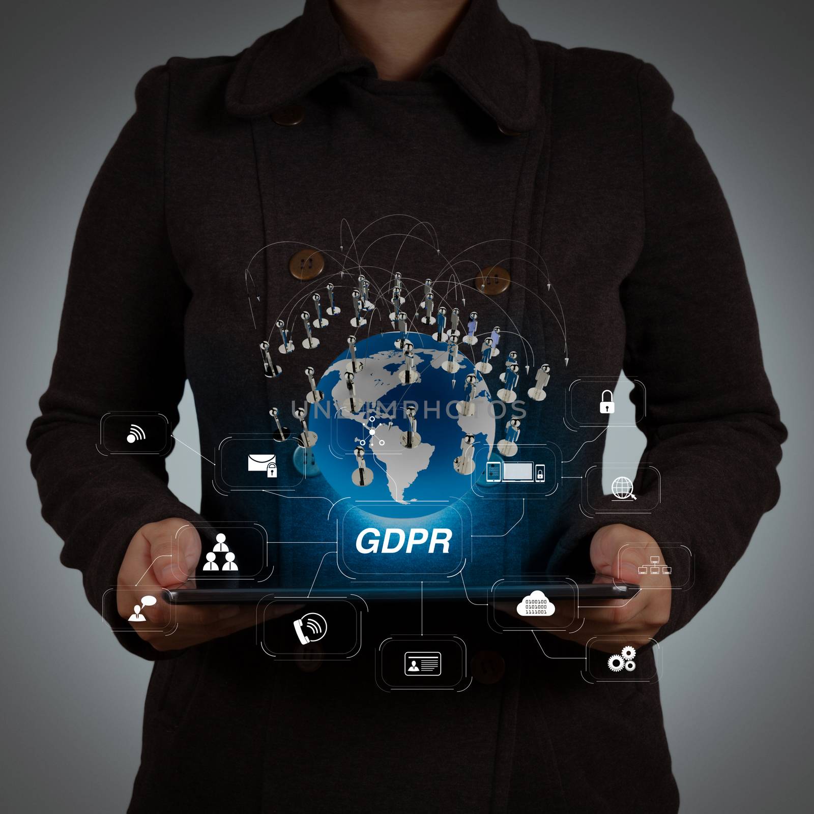 GDPR. Data Protection Regulation with Cyber security and privacy virtual diagram.businesswoman using tablet computer shows social network concept