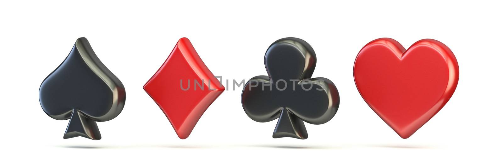 Spade, diamond, club and heart 3D render illustration isolated on white background