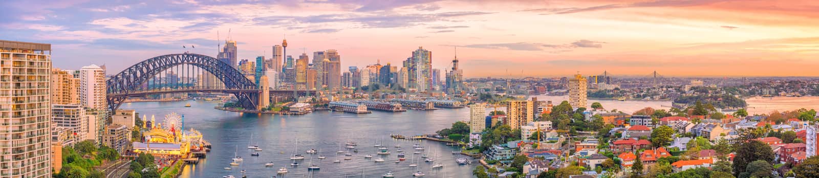 Downtown Sydney skyline in Australia from top view at twilight 