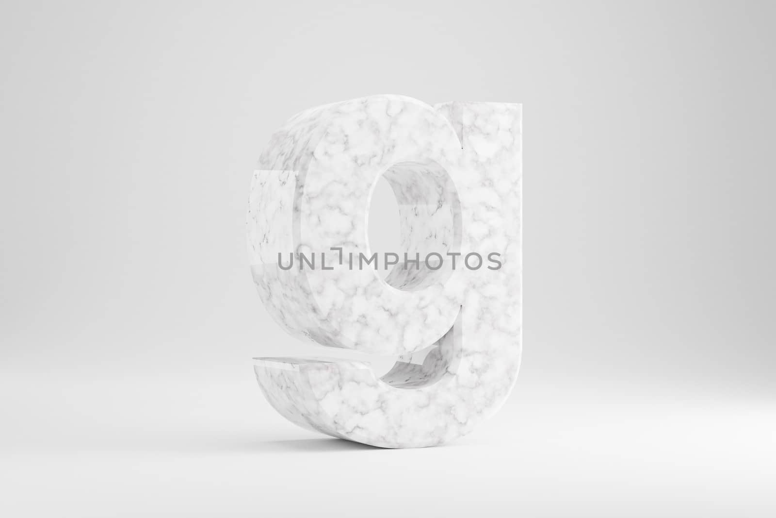 Marble 3d letter G lowercase. White marble letter isolated on white background. Glossy marble stone alphabet. 3d rendered font character.