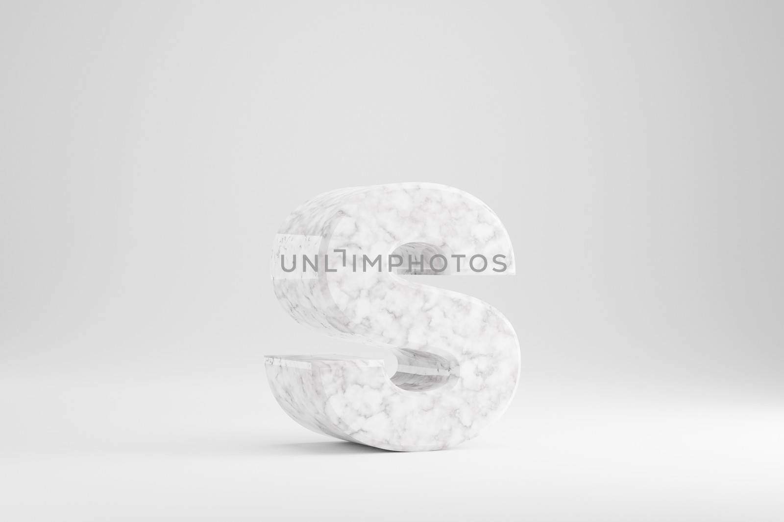 Marble 3d letter S lowercase. White marble letter isolated on white background. Glossy marble stone alphabet. 3d rendered font character.
