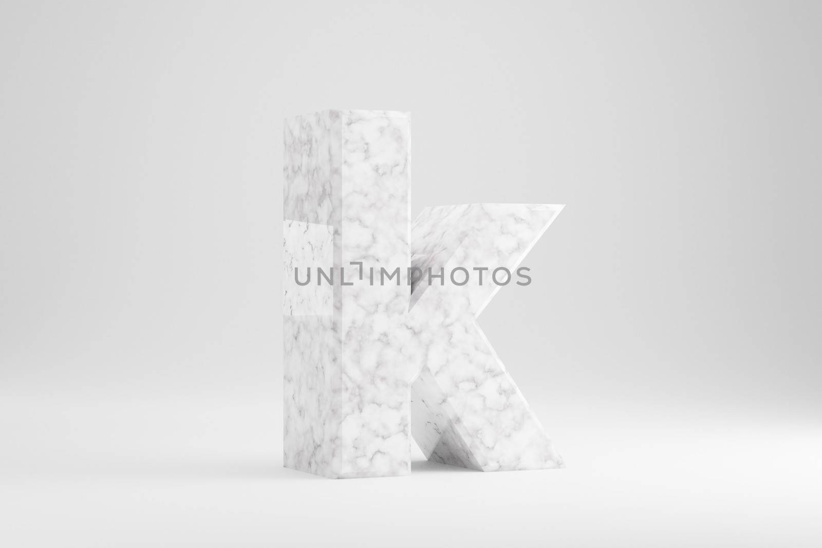 Marble 3d letter K lowercase. White marble letter isolated on white background. Glossy marble stone alphabet. 3d rendered font character.