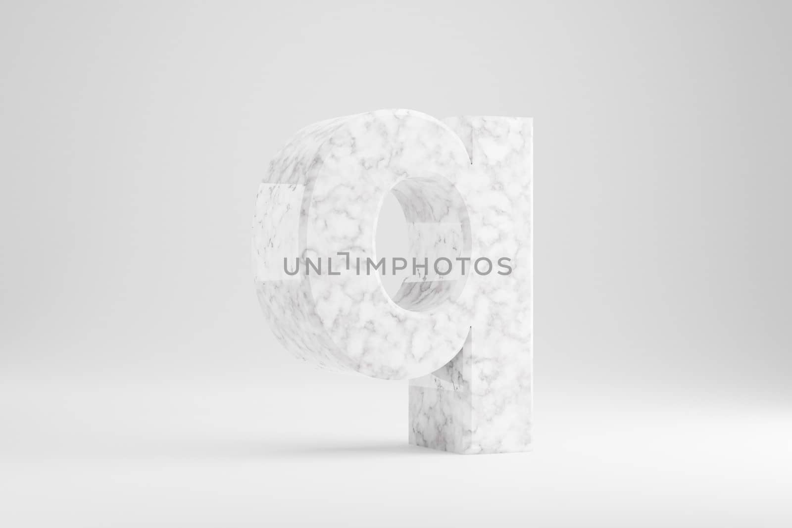 Marble 3d letter Q lowercase. White marble letter isolated on white background. Glossy marble stone alphabet. 3d rendered font character.