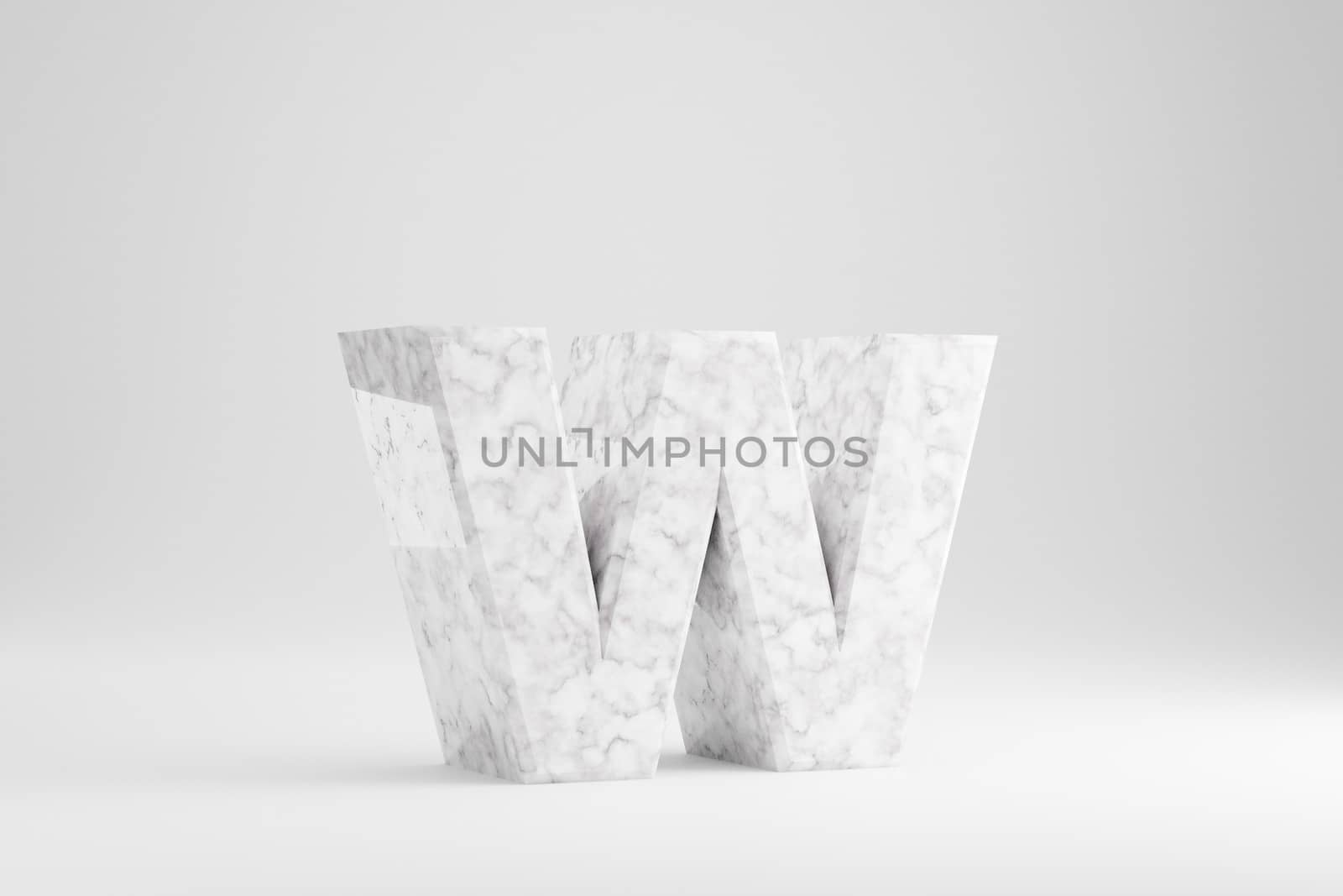 Marble 3d letter W lowercase. White marble letter isolated on white background. Glossy marble stone alphabet. 3d rendered font character.