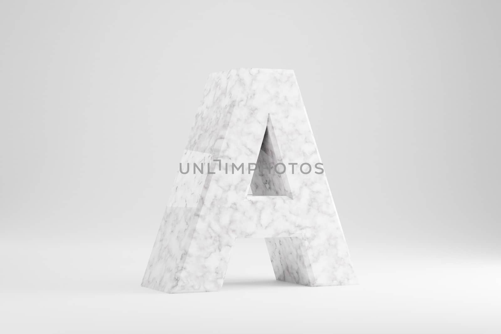 Marble 3d letter A uppercase. White marble letter isolated on white background. Glossy marble stone alphabet. 3d rendered font character.
