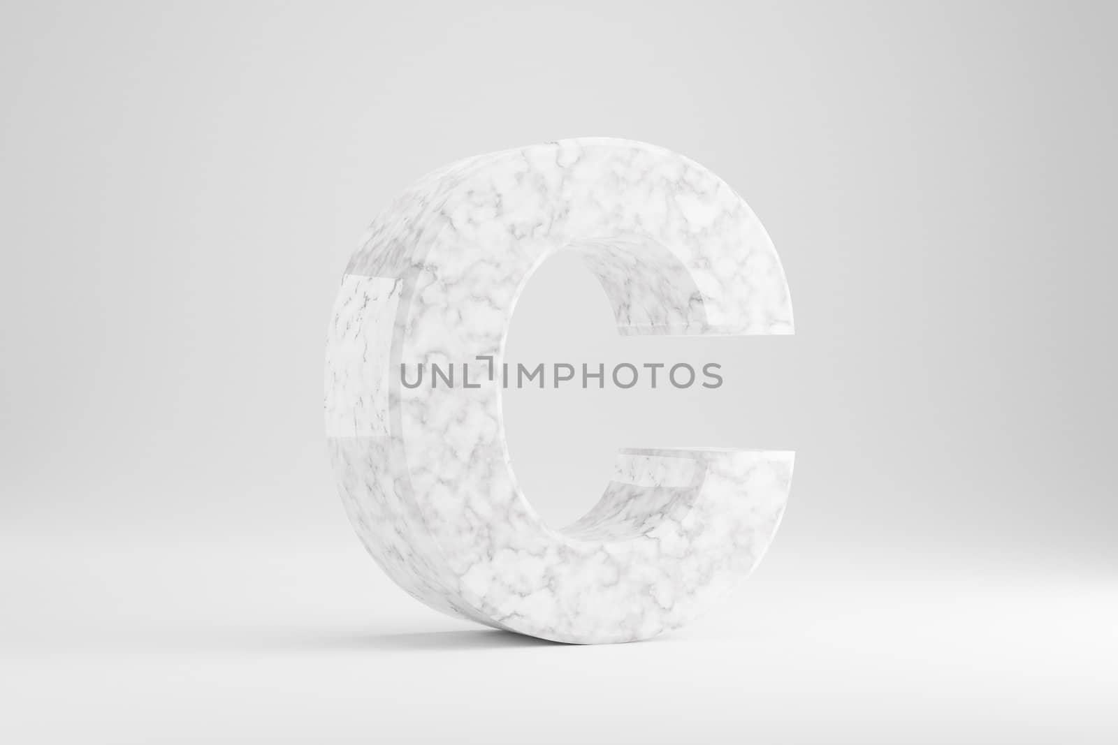 Marble 3d letter C uppercase. White marble letter isolated on white background. Glossy marble stone alphabet. 3d rendered font character.