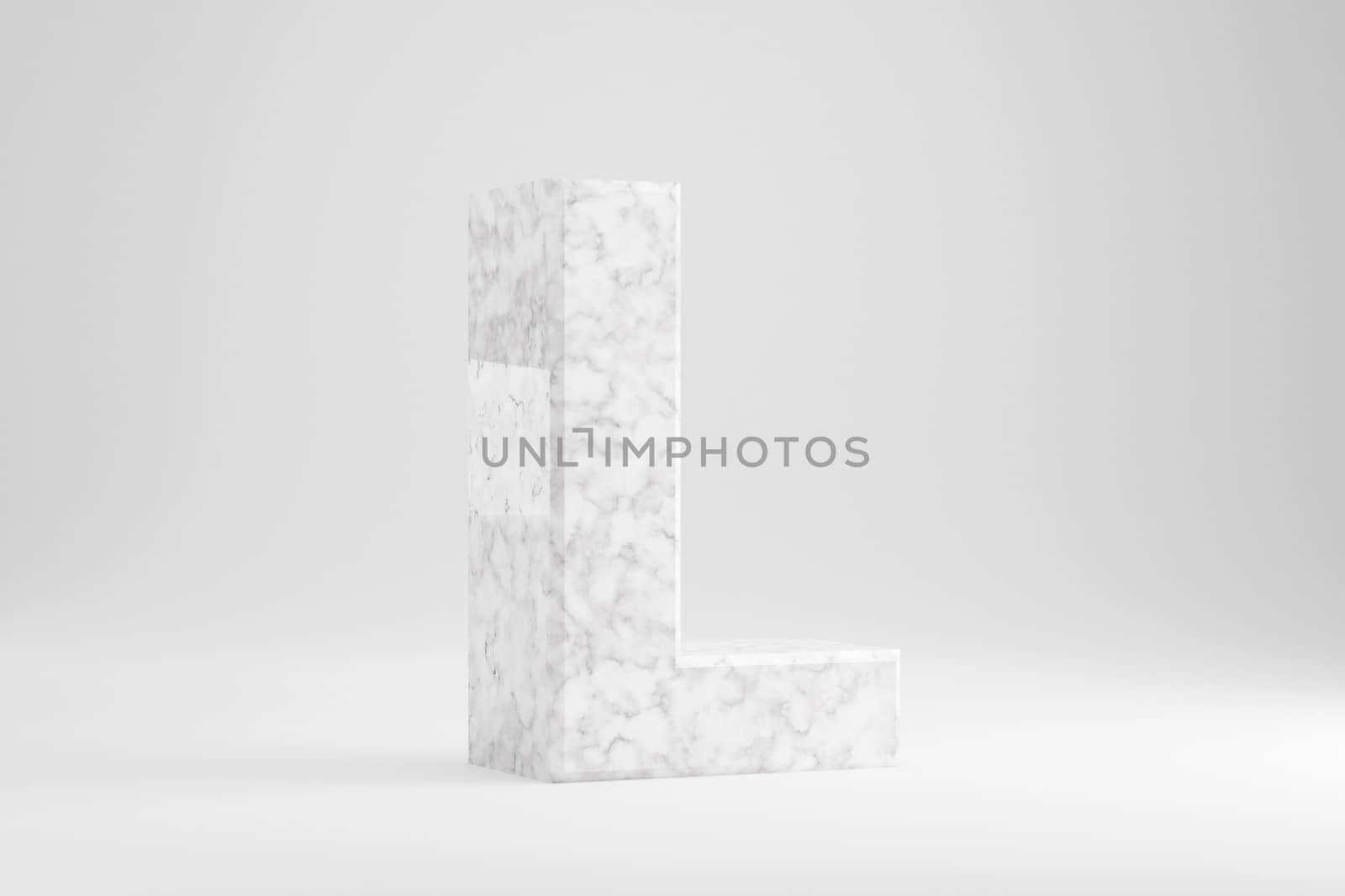 Marble 3d letter L uppercase. White marble letter isolated on white background. Glossy marble stone alphabet. 3d rendered font character.