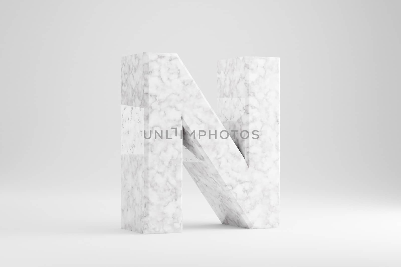 Marble 3d letter N uppercase. White marble letter isolated on white background. Glossy marble stone alphabet. 3d rendered font character.