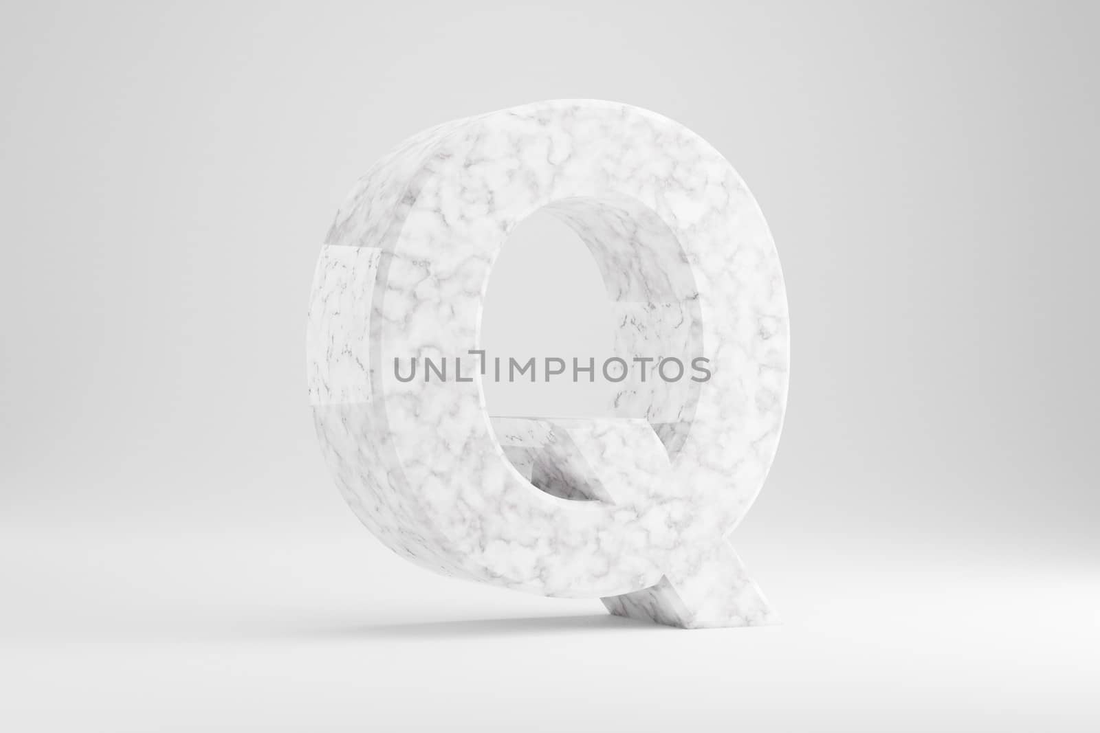 Marble 3d letter Q uppercase. White marble letter isolated on white background. Glossy marble stone alphabet. 3d rendered font character.
