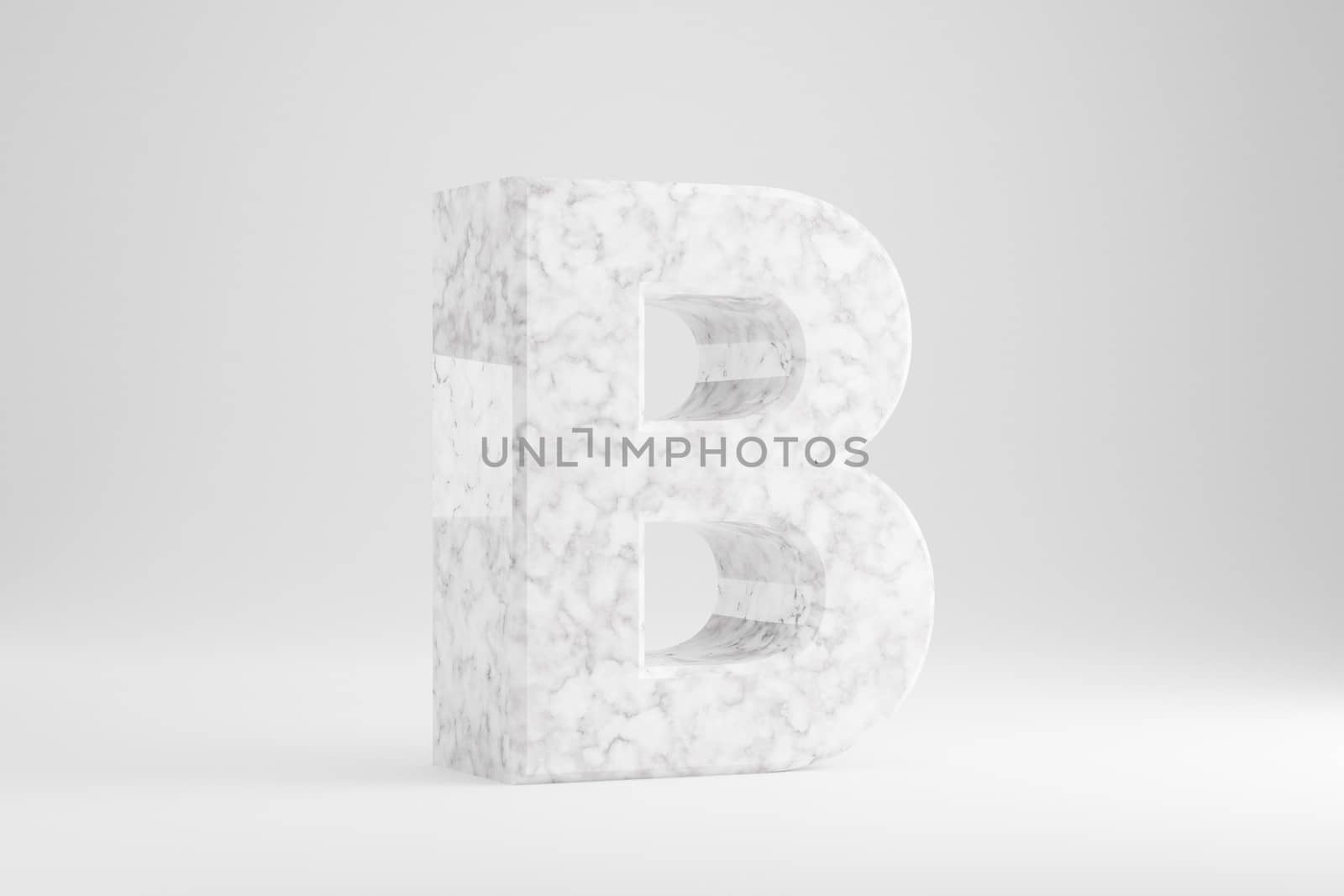 Marble 3d letter B uppercase. White marble letter isolated on white background. Glossy marble stone alphabet. 3d rendered font character.