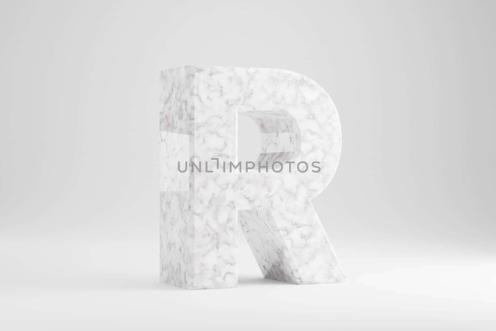 Marble 3d letter R uppercase. White marble letter isolated on white background. Glossy marble stone alphabet. 3d rendered font character.
