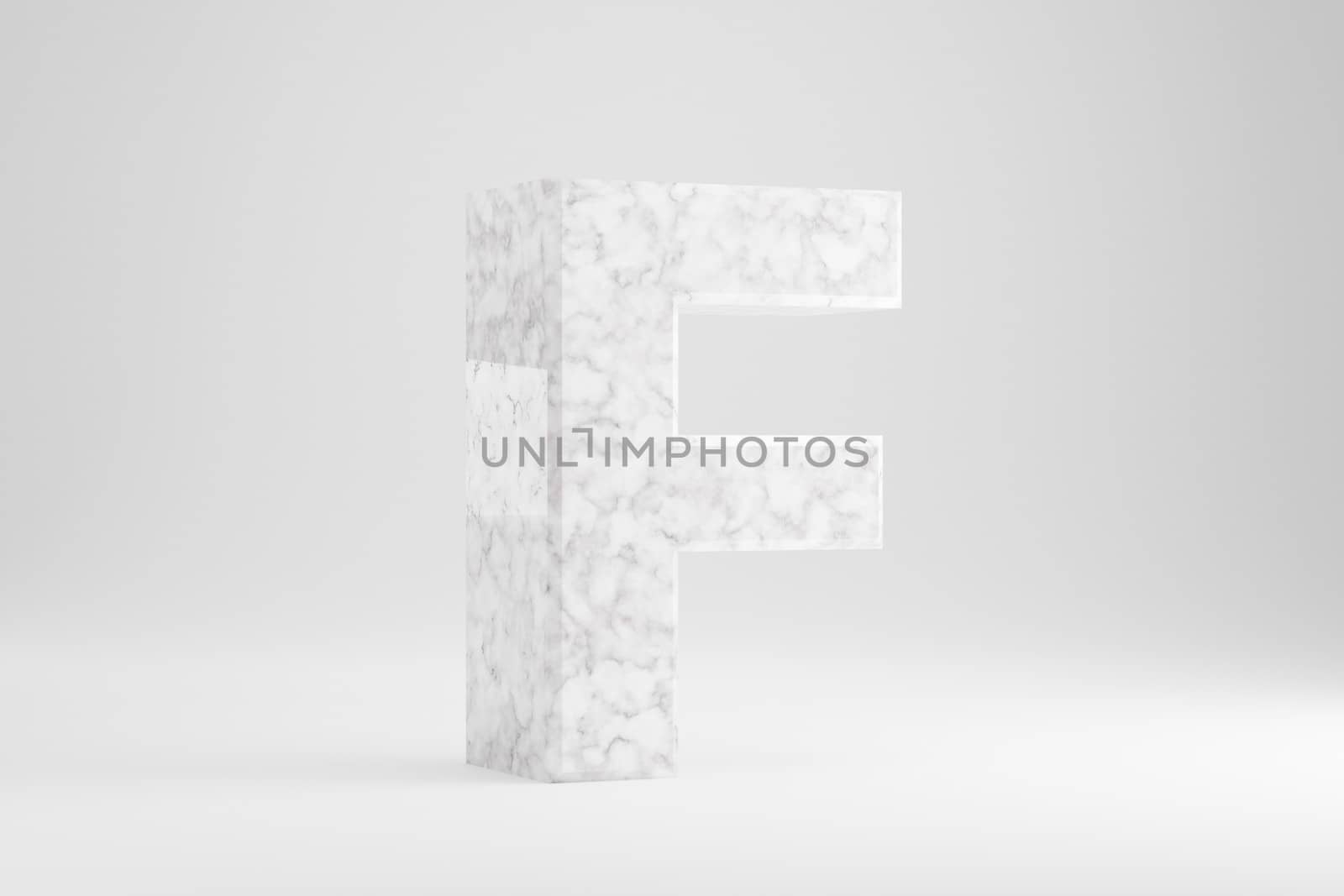Marble 3d letter F uppercase. White marble letter isolated on white background. Glossy marble stone alphabet. 3d rendered font character.