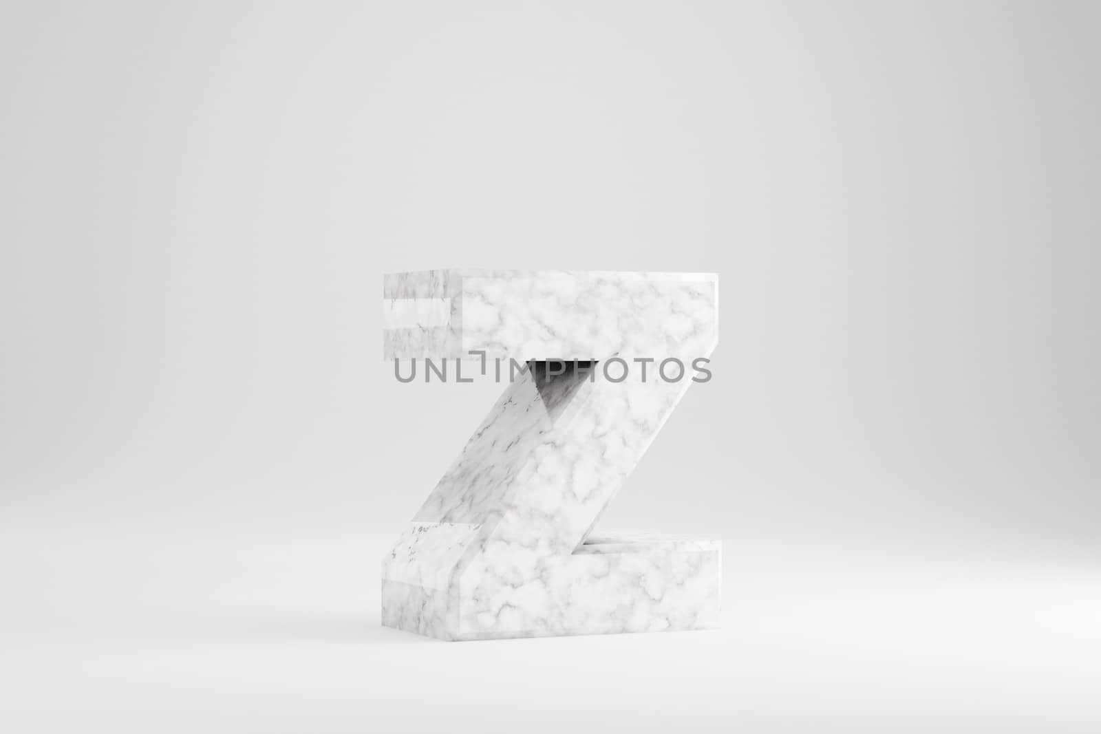 Marble 3d letter Z lowercase. White marble letter isolated on white background. Glossy marble stone alphabet. 3d rendered font character.