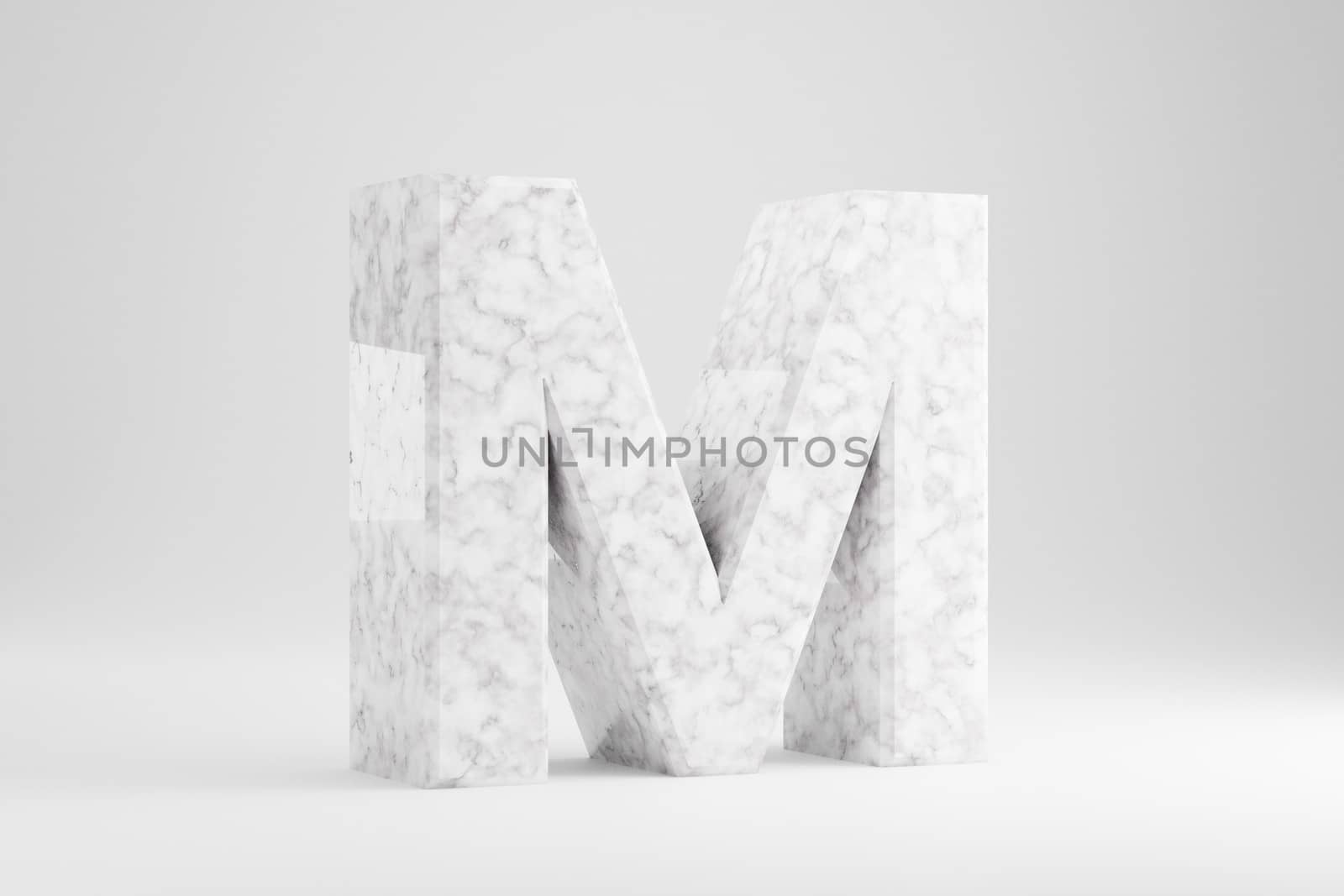 Marble 3d letter M uppercase. White marble letter isolated on white background. Glossy marble stone alphabet. 3d rendered font character.