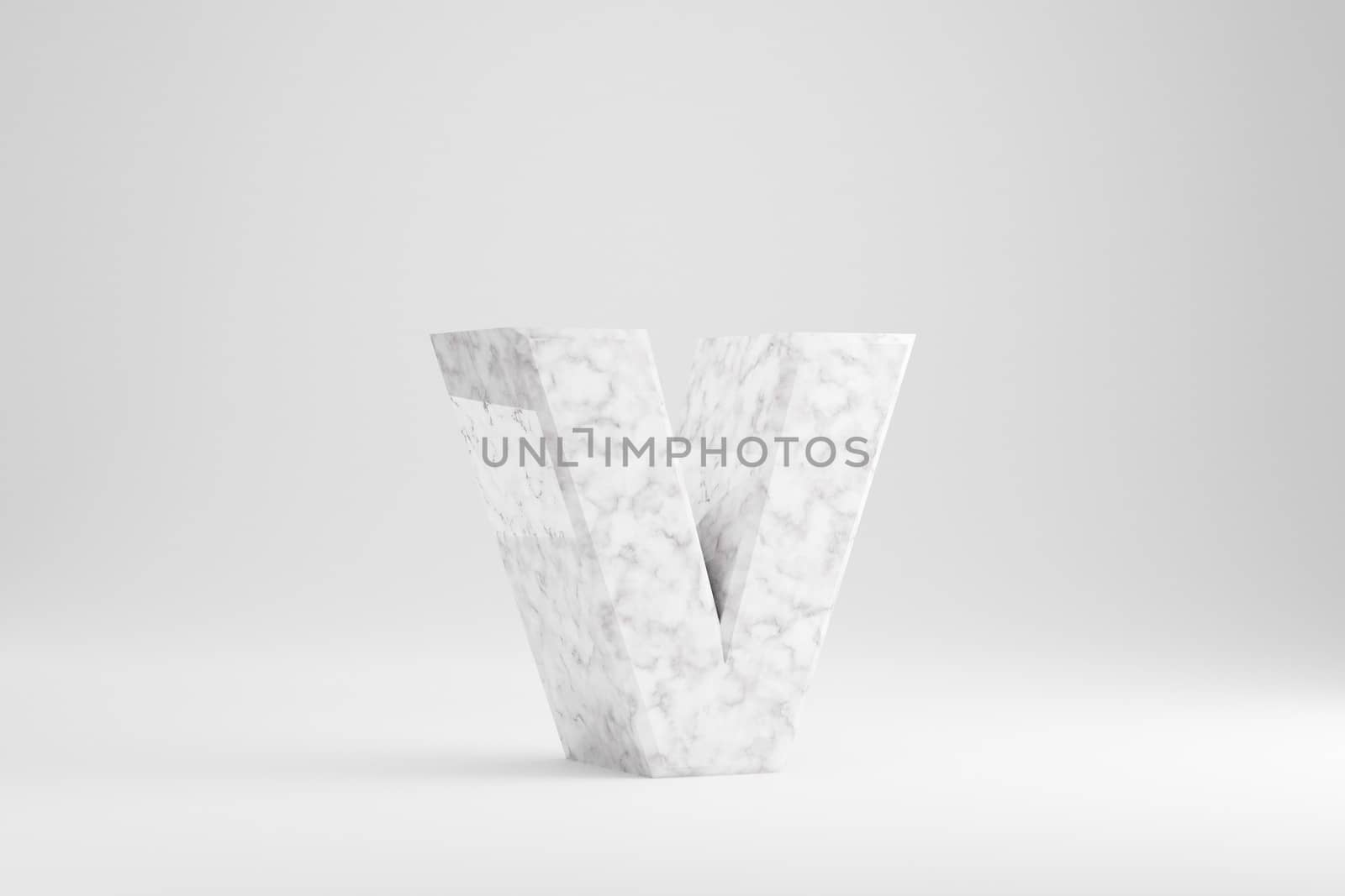 Marble 3d letter V lowercase. White marble letter isolated on white background. Glossy marble stone alphabet. 3d rendered font character.
