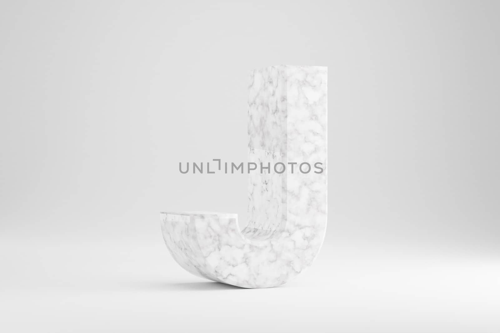 Marble 3d letter J uppercase. White marble letter isolated on white background. Glossy marble stone alphabet. 3d rendered font character.