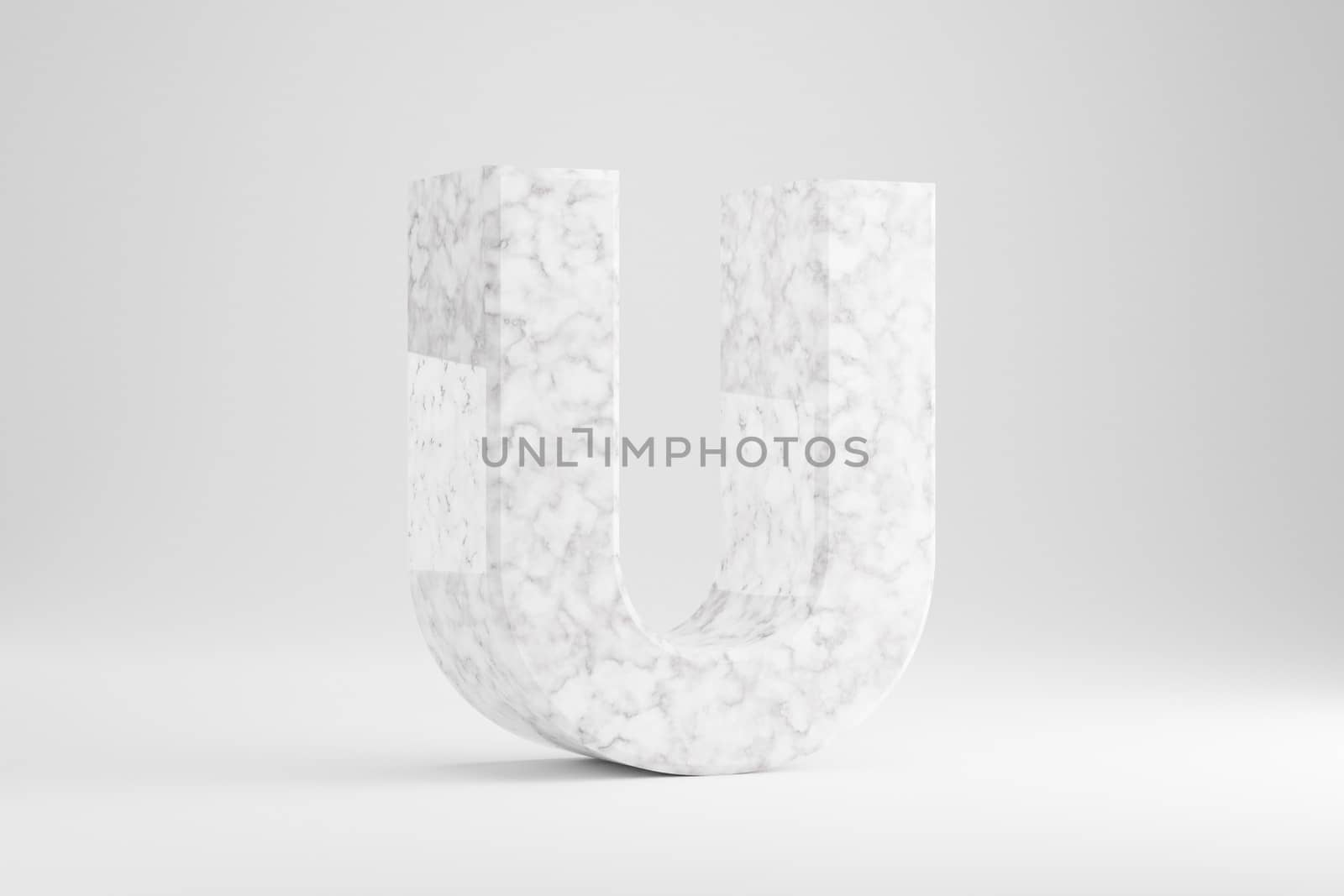 Marble 3d letter U uppercase. White marble letter isolated on white background. Glossy marble stone alphabet. 3d rendered font character.
