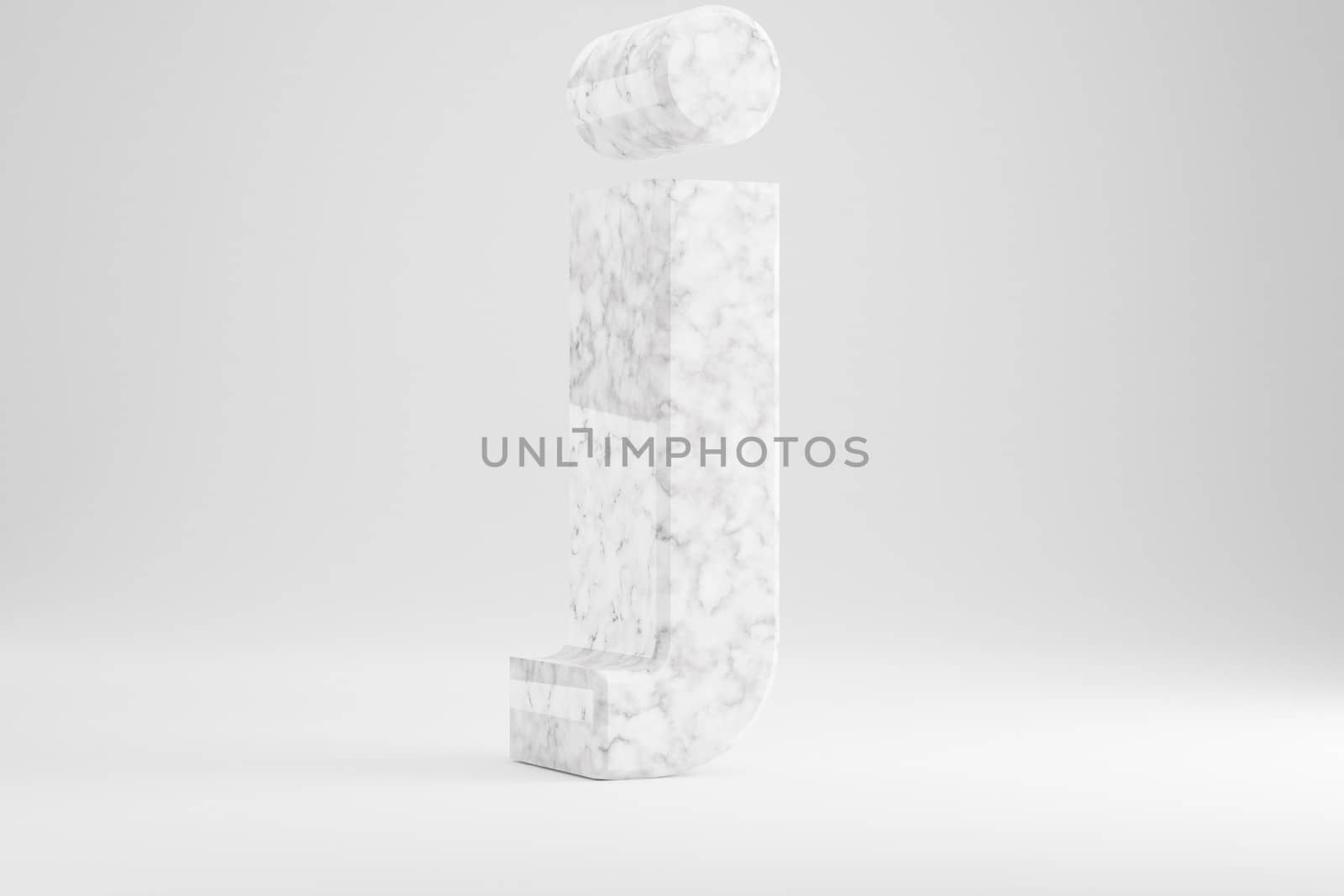 Marble 3d letter J lowercase. White marble letter isolated on white background. Glossy marble stone alphabet. 3d rendered font character.