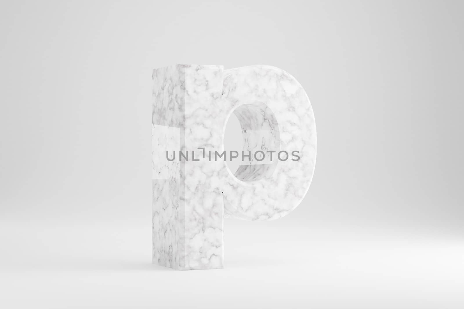 Marble 3d letter P lowercase. White marble letter isolated on white background. Glossy marble stone alphabet. 3d rendered font character.