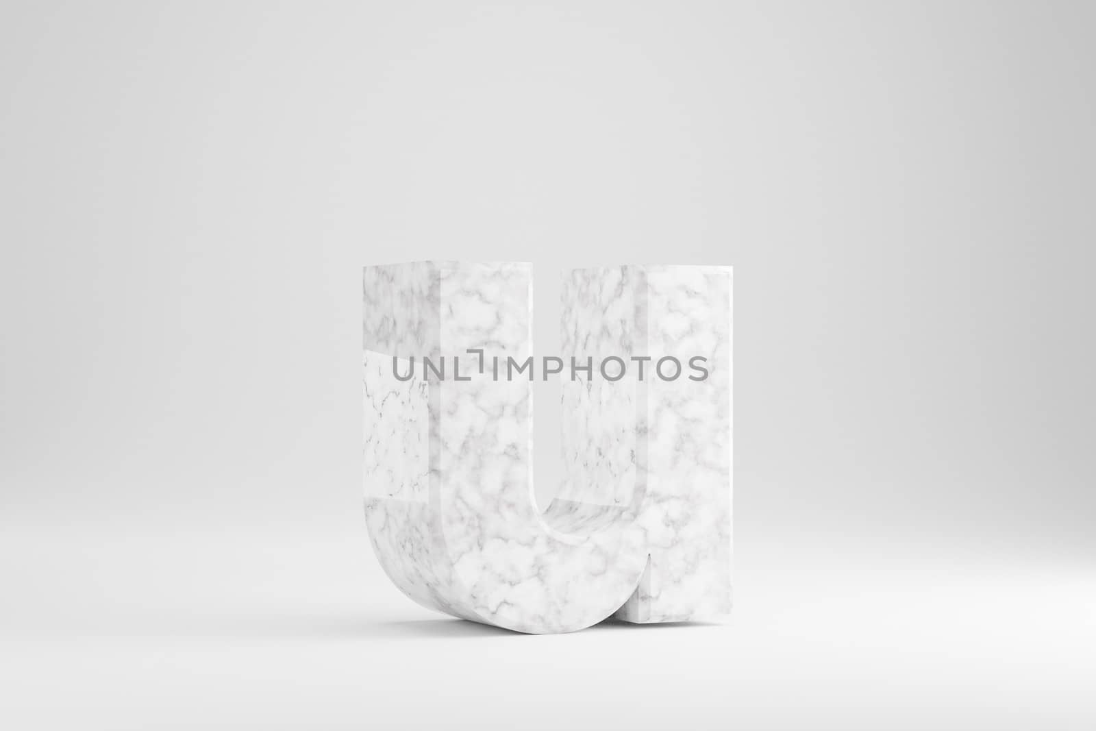 Marble 3d letter U lowercase. White marble letter isolated on white background. Glossy marble stone alphabet. 3d rendered font character.