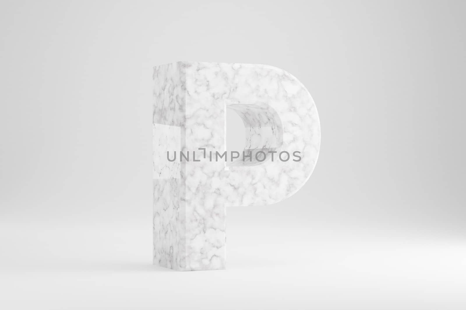 Marble 3d letter P uppercase. White marble letter isolated on white background. Glossy marble stone alphabet. 3d rendered font character.