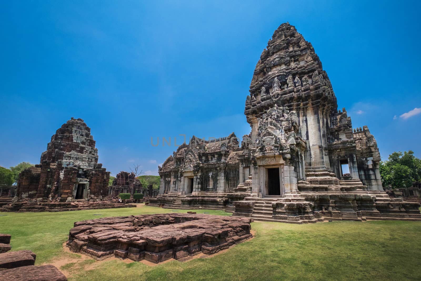 Front view of Prasat Hin Rock castle in Phimai Historical Park Nakonratchasima