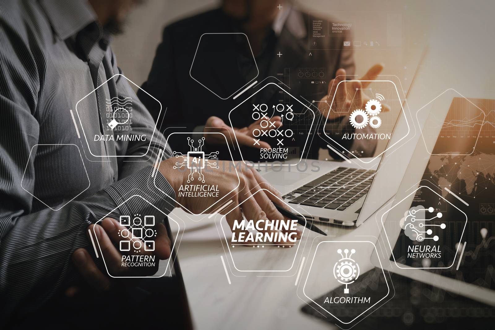 Machine learning technology diagram with artificial intelligence (AI),neural network,automation,data mining in VR screen.Business team meeting. Photo professional investor working new start up project. 