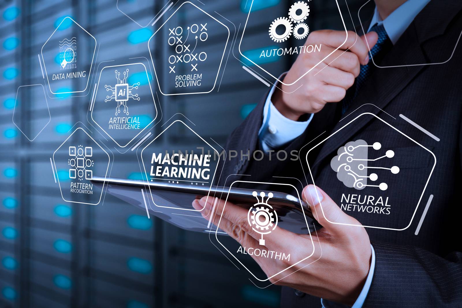 Machine learning technology diagram with artificial intelligence (AI),neural network,automation,data mining in VR screen.businessman hand using tablet computer and server room background