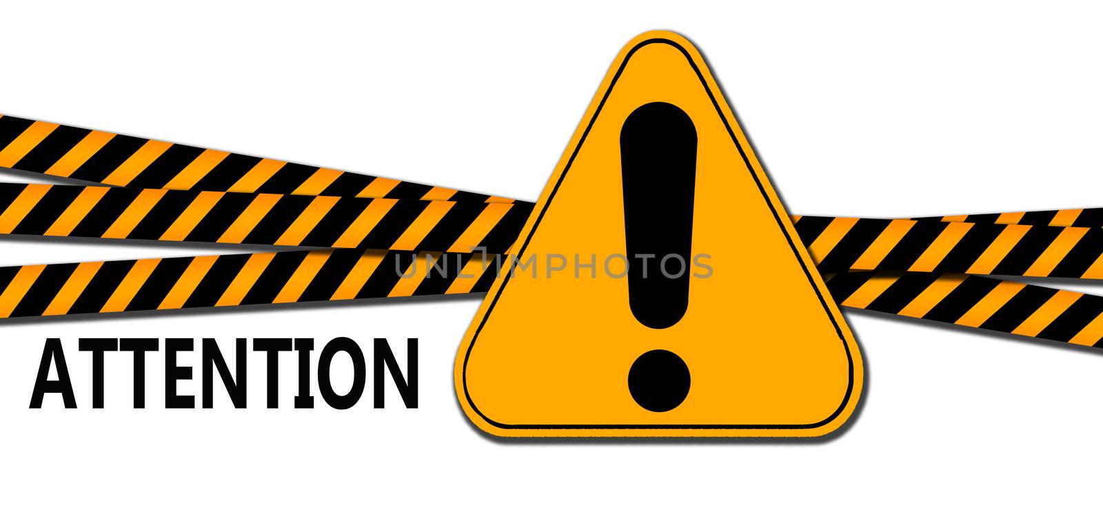 Attention sign between black and yellow striped ribbons isolated, 3d rendering