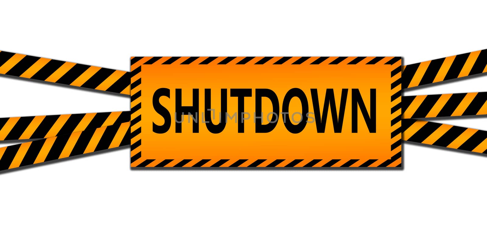 Shutdown sign between black and yellow striped ribbons isolated, 3d rendering