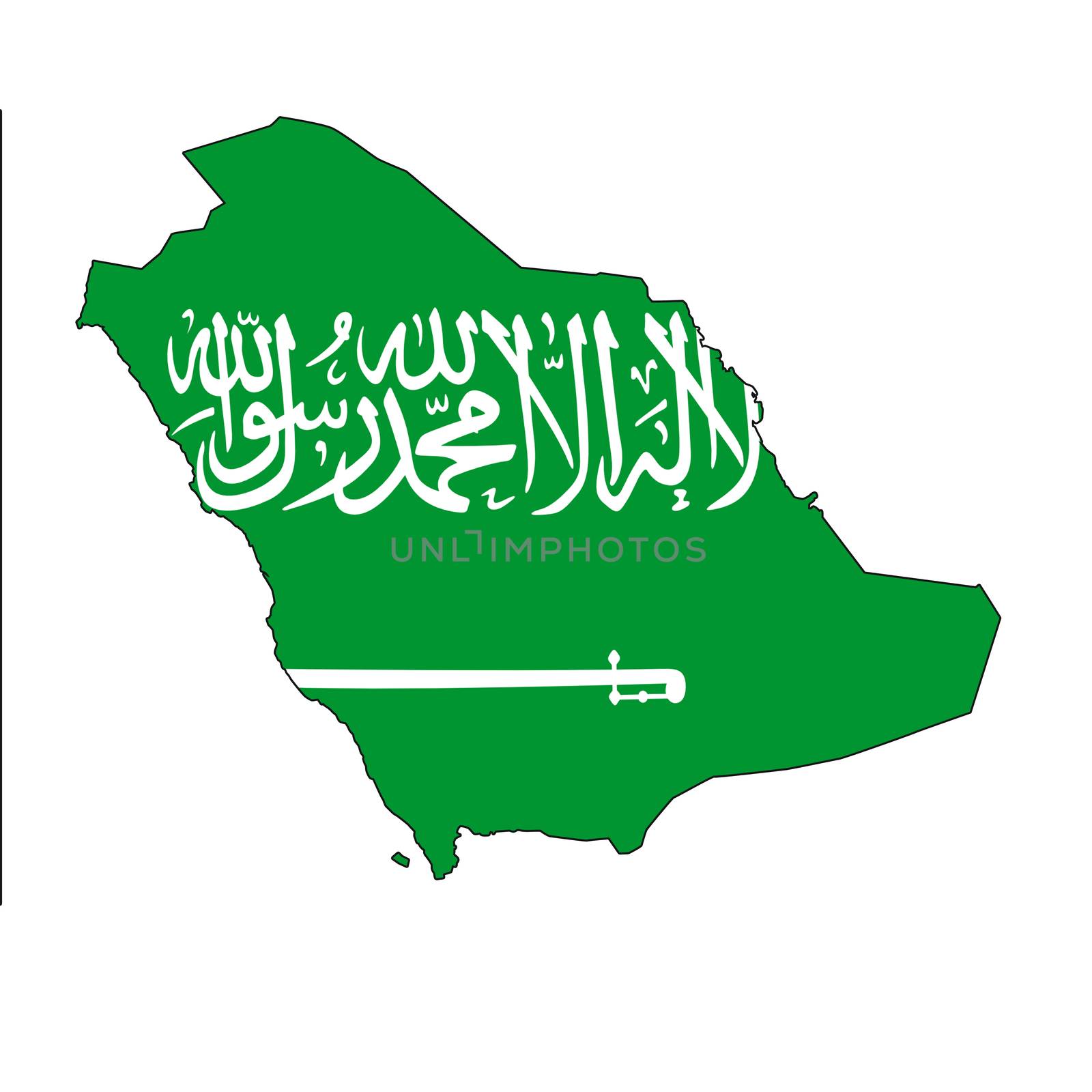 Saudi Arabia map with color of their flag, 3d rendering