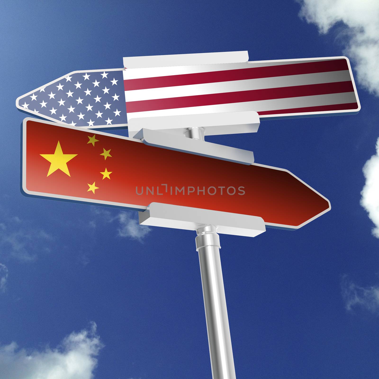 Traffic sign with USA and China flags by tang90246