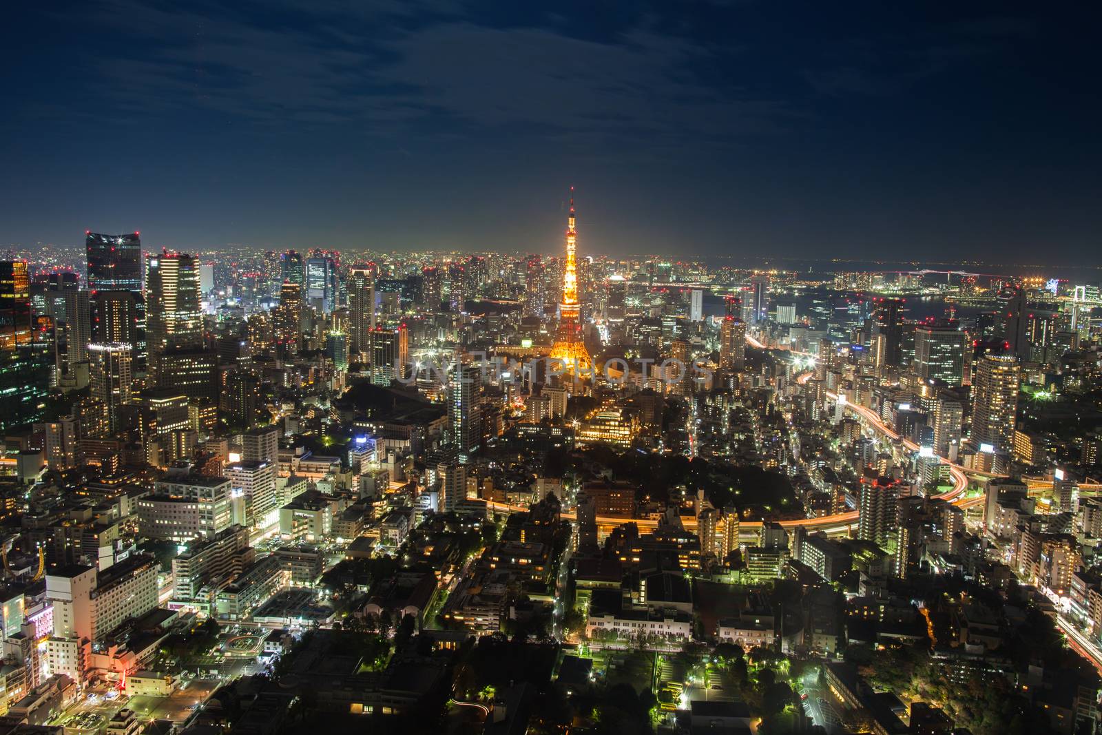 A colorful of cityscape night top view of Tokyo bay located at Japan