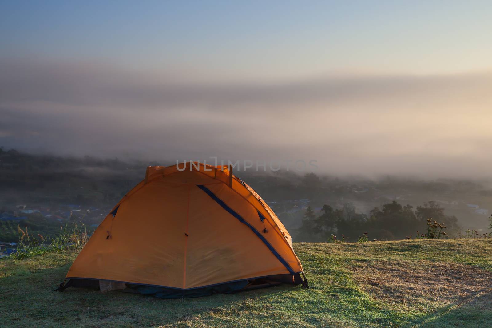 Camping tent on green grass field on mountain under clear sky located at north of Thailand