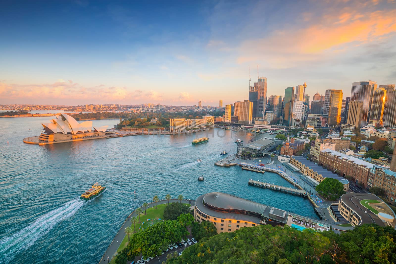 Downtown Sydney skyline in Australia from top view at twilight 