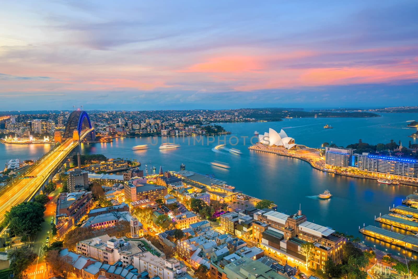 Downtown Sydney skyline in Australia from top view at twilight 