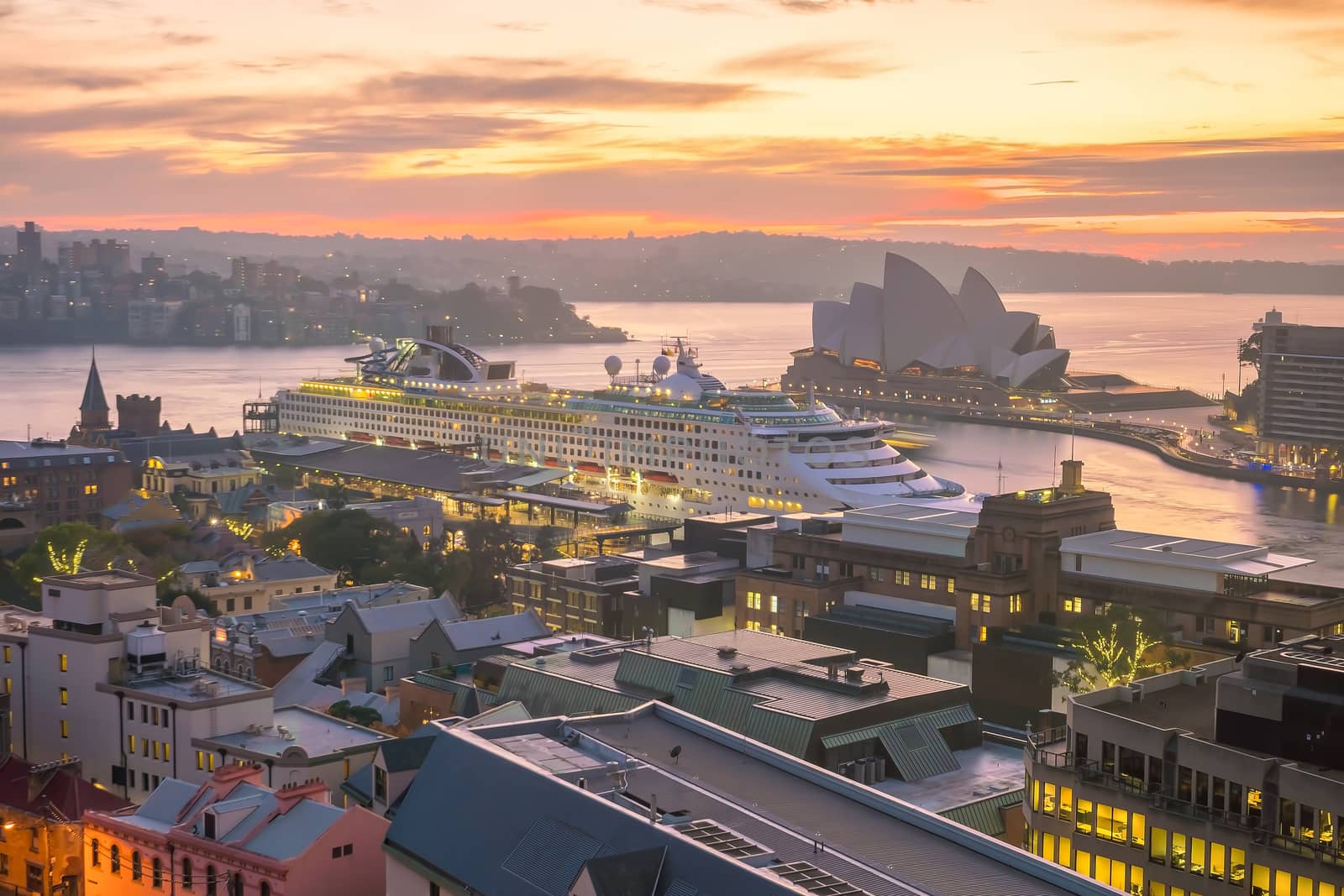 Downtown Sydney skyline in Australia from top view at twilight 