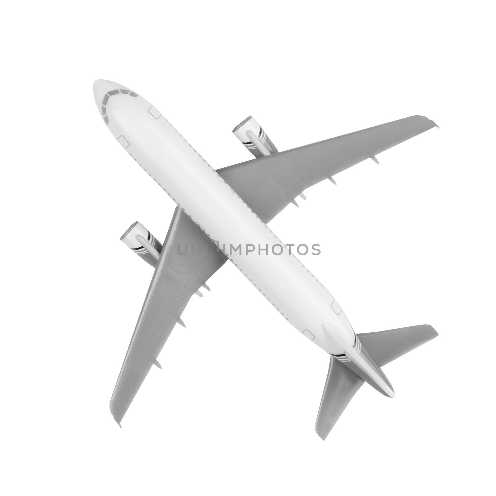 Overhead shot of a generic looking modern jet airplane isolated on white.
