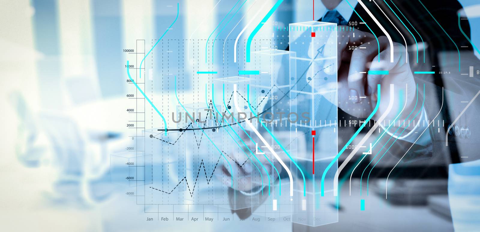 Business data analytics process management diagram.double exposure of businessman hand working with new modern computer and business strategy as concept