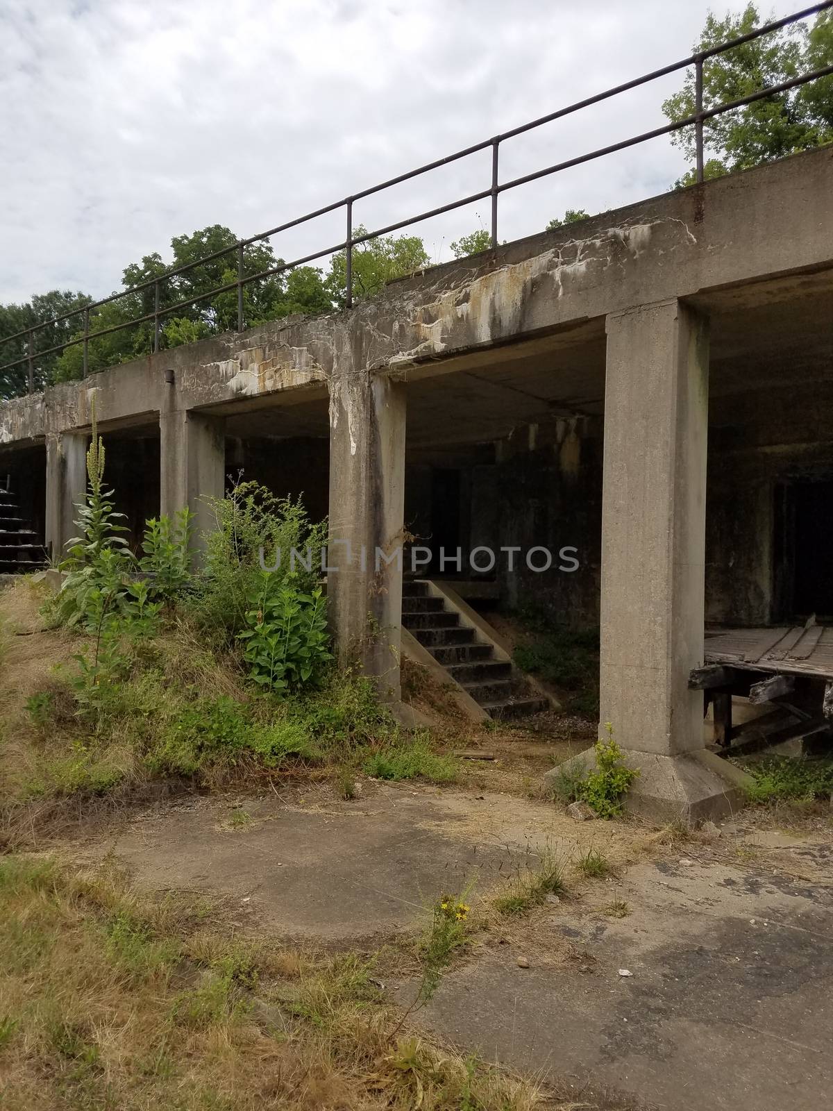 old abandoned grey cement building with weeds growing