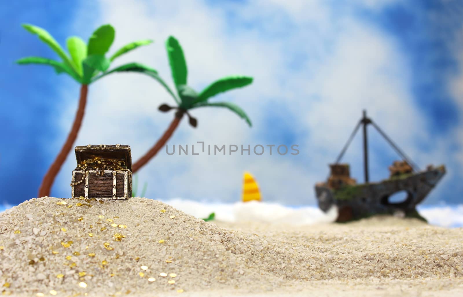 Pirate Treasure on Tropical Beach With Palm Trees