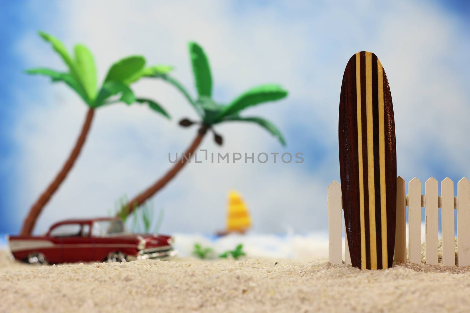 Surfboards on Tropical Beach with vintage cars by Marti157900