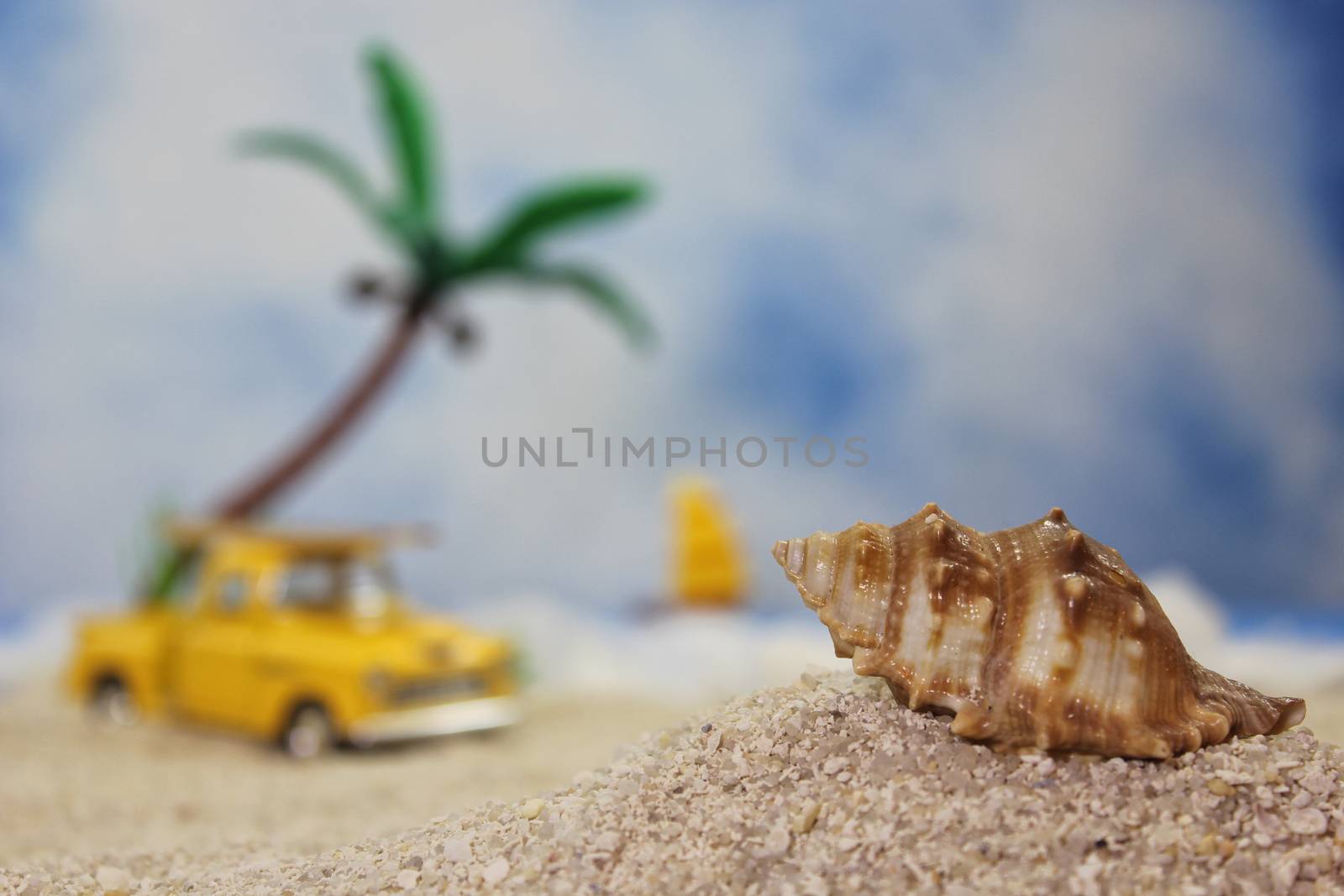 Seashell on Tropical Beach With Vintage Hot Rod in Background